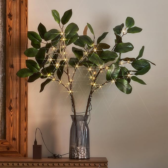 Hairui Lighted Magnolia Branches with Timer 32IN Battery Operated or USB Plug in, Faux Greenery Willow Branch with Lights 60 LED Fairy Lights for Room Fireplace Spring Decoration