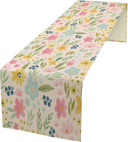 Floral Table Runner, Boho Style Watercolor Flower Green Leaf Plant Rectangle Table Decoration for Dining, Party, Holiday,13in（33cm） W * 108in（274cm） L