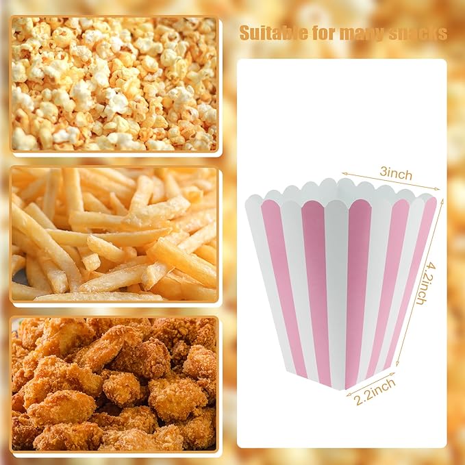 50 Pcs Pink Popcorn Boxes Mini Paper Popcorn Box Cardboard Container for Party Disposable Snack Candy for Movie Nights Birthday Wedding (Pink,White)