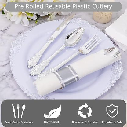 400PCS Pre Rolled Silver Plastic Silverware Sets - Heavy Duty Fancy Silver Cutlery - Include 100 Pack Wrapped Disposable Utensils with Napkins for Parties, Dinners & Weddings