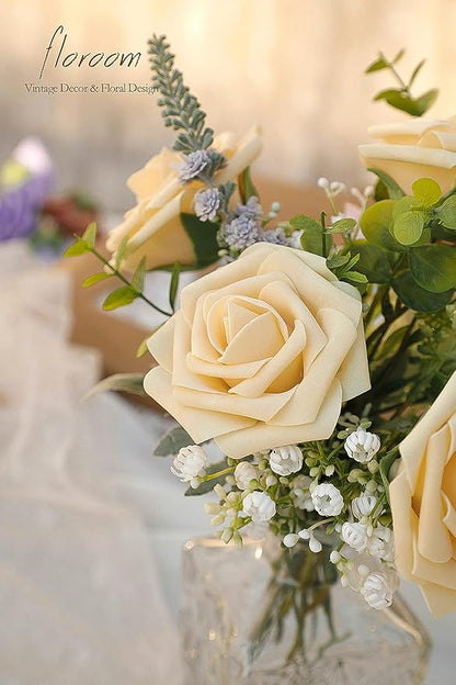 Floroom Artificial Flowers 50pcs Real Looking Creamy Yellow Foam Fake Roses with Stems for DIY Wedding Bouquets Bridal Shower Centerpieces Floral Arrangements Party Tables Home Decorations