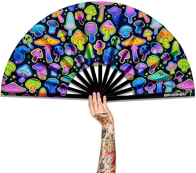 UV Glow Rave Fan, Bamboo Folding Clack Hand Fans Foldable for Men Women, Boots on the Ground Poping Fan for EDM Festival Line Dance Decoration, (Magic Mushrooms, Large 13")