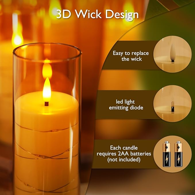 Raycare Flameless Candle with Remote Timer – 9 Flickering Acrylic Battery Operated LED Pillar Candles with Embedded Star String for Halloween, Home Decor, and as a Gift(Glod)