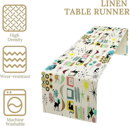 Colorful Geometric Table Runner,Vintage Mid Century Cute Cat Abstract Morden Print Tablecloth Burlap for Hotel Indoors Outdoor Dining Room Kitchen Home Decor, 13x70in