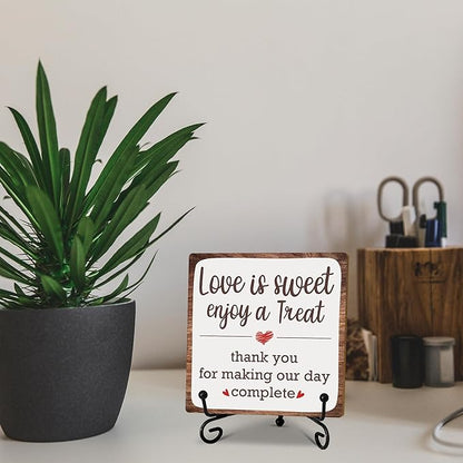 5“ Romantic Decor Plaque, Love Is Sweet Enjoy A Treat Table Sign With 1 Iron Support For Wedding Party Dessert Table, Wedding Party Bridal Shower Anniversary Valentine's Day Party Decor.