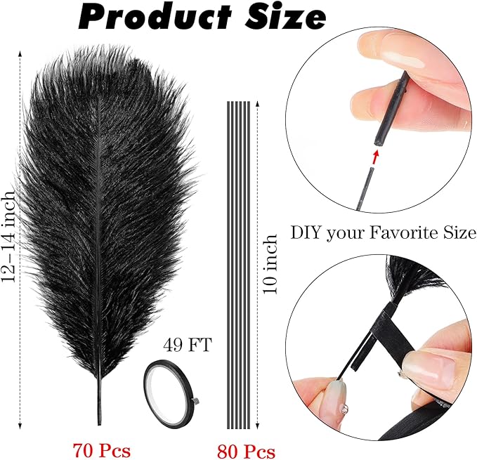 Hanaive 150 Pcs Ostrich Feathers Set Bulk Plumes 12-14 Inch (30-35cm) 70 Pcs Large Ostrich Feathers with 80 Sticks and Tape for DIY Crafts Wedding Home Party Centerpiece Decorations(Black)