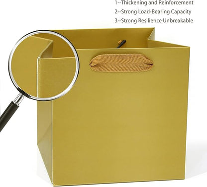 Gold Square Gift Bag 10 in Paper Gift Box Large Square Bottom Kraft Paper Bags with Handles for Party Favor, Birthday Gift Bags (Gold, 10 x 10 x 10 in, 10 CT)