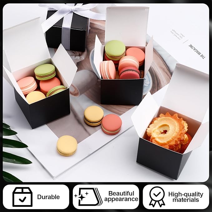COCPOK 50 Pack Black Gift Boxes, 2x2x2 inch Gift Box, Small Candy Boxes with Lids and Ribbons, Paper Favor Box for Wedding Bridal Shower Baby Shower Birthday Party