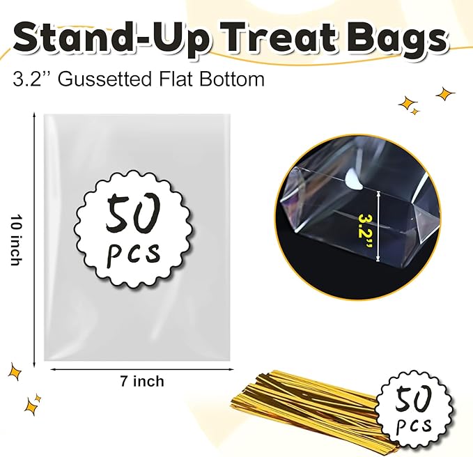 PigPotParty Cellophane Treat Bags 7"x10", 50 Pack Clear Goodie Bags, 3.2" Bottom Gusset for Stand-Up Display, Small Plastic Gift Wrap for Cookies, Candy, Party Favors, Popcorn, Includes 50 Gold Ties