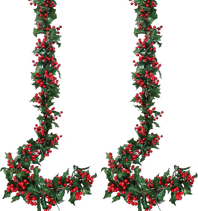 Uguisu 2pcs 5.6ft Red Artificial Christmas Garland,Eucalyptus Green Garland with Berry Flower Clusters,Artificial Vines for Fireplaces,Dining Tables,Christmas Parties