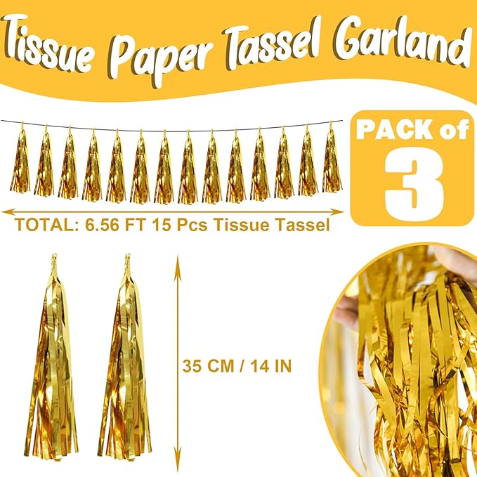 3P Gold Foil Fringe Metallic Tassel Streamers Banner Tassel Garland for Parade Floats, Bachelorette, Wedding, Birthday, Halloween, Christmas, Bridal/Baby Shower Party Decorations