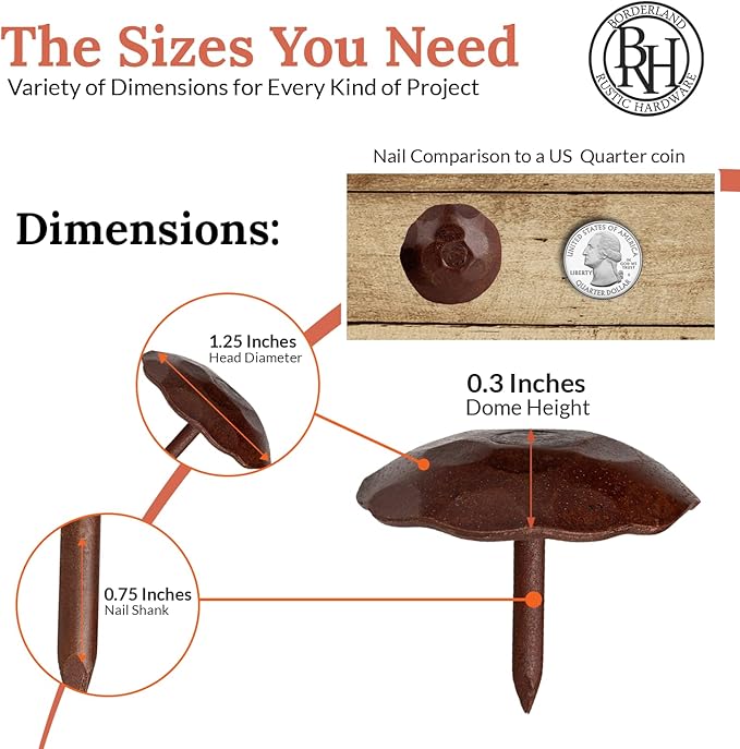 10 Pack 1.25" Round Head Iron Clavos Decorative Nails – Sealed Rusted – Handmade Rustic Round Fasteners for Farmhouse Shutters, Faux Wood, Barn Doors, Shutters, Gates – Ornamental Wood Accent