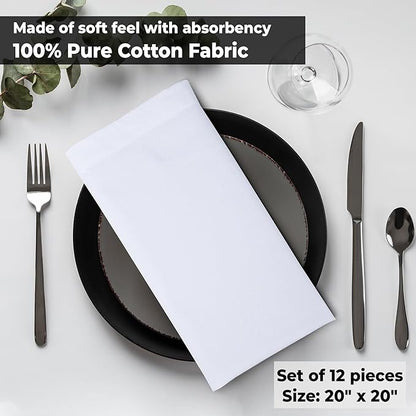 Urban Villa White Cloth Napkins Set of 12 100% Cotton Dinner Napkins Cloths Washable 20”x20” Absorbent Soft Durable Reusable-Ideal for Everyday Use Parties Wedding Thanks Giving Christmas Halloween