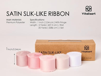Vitalizart Silk Like Satin Ribbon 1 inch x 25 Yard Pink & Nude Handmade Frayed Ribbons for Gift Wrapping Baby Shower Wedding Bridal Bouquets Holiday Decor