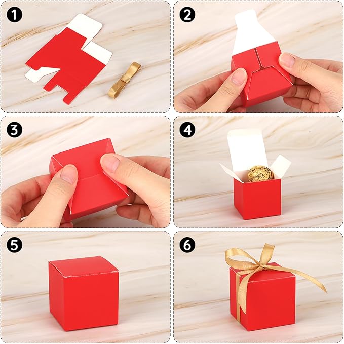 EUSOAR Favor Boxes, 120pcs 2x2x2 Inches Red Small Gift Boxes Candy Box for Party with Gold Ribbon, Mini Cube Soap Box Macaron Chocolate Container for Wedding Birthday Party DIY Favors Supplies