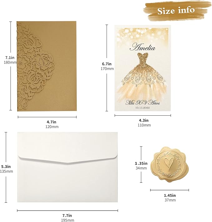 DORIS HOME 50pcs Laser Cut Quinceanera Invitations Gold, 4.7x7.1 Personalized Quince Invitations for 15th Birthday, Invitation cards for Sweet 16 with Envelopes