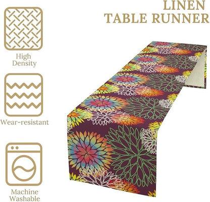 Brown Dahlia Flower Table Runner, Linen Geometric Pattern Floral Table Decor Spring Farmhouse Decorations for Kitchen Dining Holiday Party Decor, 13x70 Inch