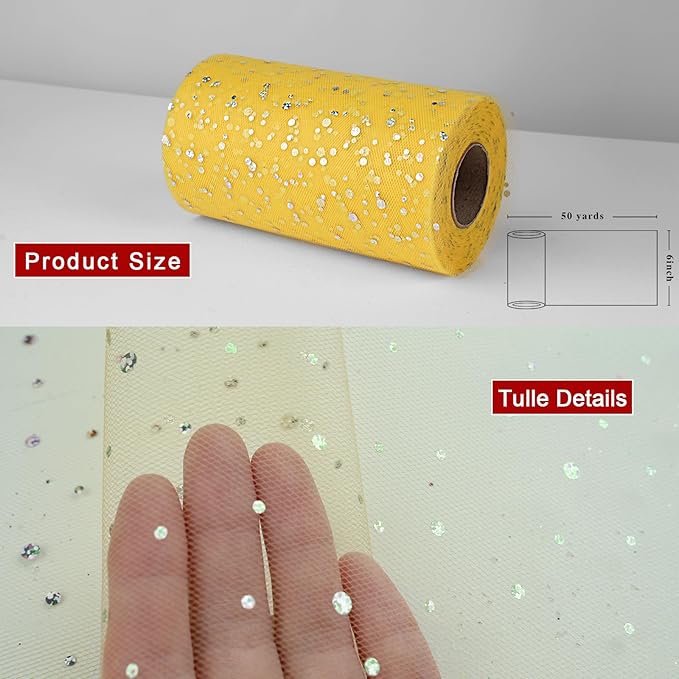 Glitter Tulle Rolls, 6” by 50 Yards (150FT) Sequin Tule Netting Fabric Tulle for Tutu Skirts Sewing Birthday Wedding Party Decoration (Yellow)