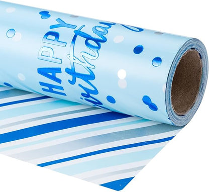 LeZakaa Reversible Blue Birthday Wrapping Paper Roll for Boys Men, Happy Birthday Lettering & Stripe Pattern with Metallic Foil in Blue, Mini Roll, 17 inches x 32.8 Feet (46.45 sq.ft.)