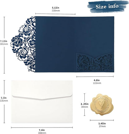 DORIS HOME 50pcs Laser Cut Wedding Invitation Pockets with Envelopes Blue, 5.12" x 7.12"Invitation Cards for Wedding, Anniversary (No Inserts Included)