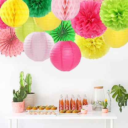 Hawaiian-Summer Beach Pool Party-Decorations Streamers - 14pcs Tropical Jungle Aloha Birthday Supplies Paper Lanterns Fan,Tissue Pom Poms,Baby Shower Honeycomb Ball Decor Lasting Surprise