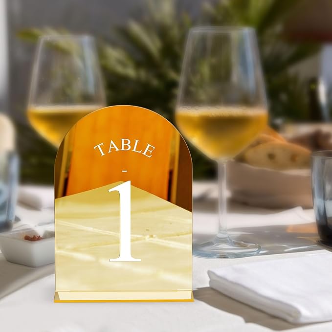 JOYIT Arch Wedding Table Numbers 1-50 with Stands – 5" X 7" Acrylic Mirrored Gold Table Number Holders, Perfect for Wedding Receptions, Parties, Anniversaries, and Events