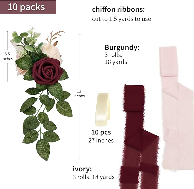 Wedding Aisle Decorations for Wedding Ceremony Set of 10 Pew Flowers for Church Chair Decorations Party Decor with Artificial Flowers Eucalyptus and Ribbons Burgundy