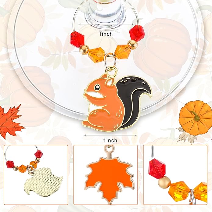 Sasylvia 8 Pieces Thanksgiving Fall Wine Glass Charms Fall Glass Markers Harvest Wine Charms Rings Tags for Stem Glasses Hostess Gifts Party Favors Drink Markers Autumn
