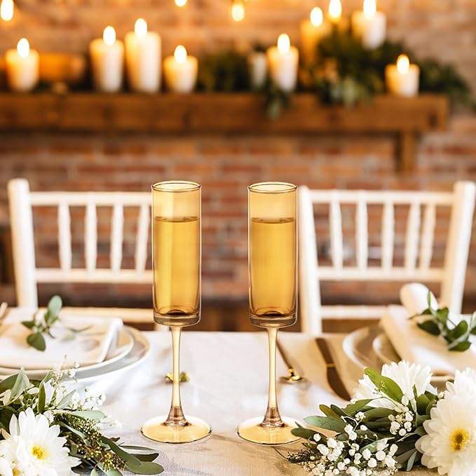12 Pieces Amber Champagne Flutes 6 OZ Straight Sided Wine Glasses Champagne Long Stem Drinking Colored Glasses,Set of 12 Hand Blown Champagne Flutes Goblets for Wedding Cocktail Cups,Cava, Prosecco