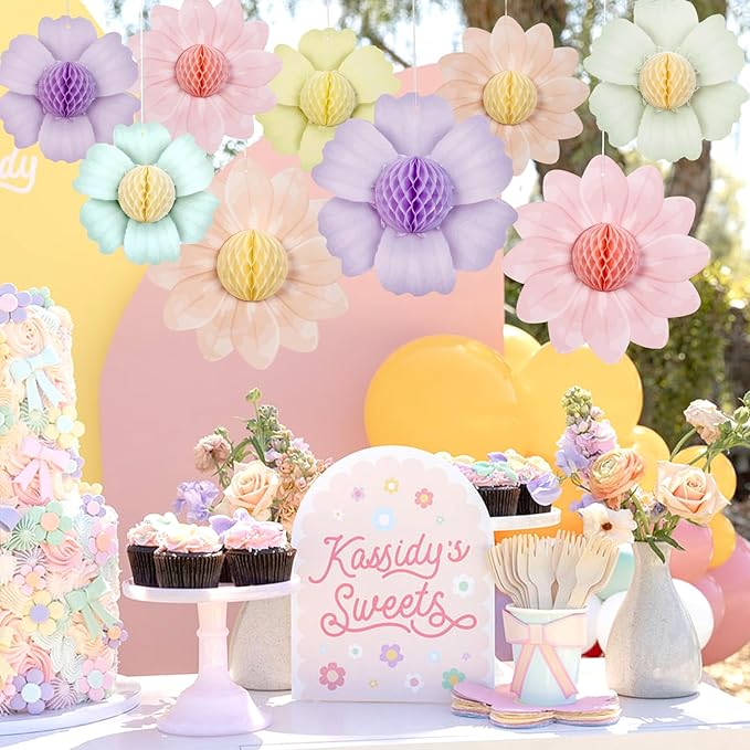 SUNBEAUTY 9 PCS Pastel Rainbow Party Decorations 10 Inch Giant Paper Flowers 3D Honeycomb for Party Pastel Hanging Flower Decorations for Girls Wall Birthday Wedding Backdrop Bridal Shower Classroom