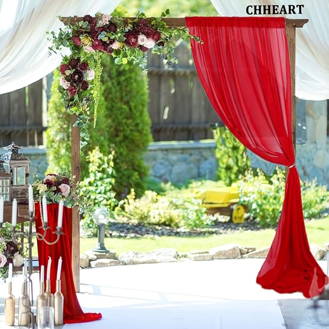 2 Panles Red Chiffon Ceiling Drapes 20Ft Wedding Arch Draping Fabric Red Sheer Chiffon Fabric Drapery Outdoor Arbor Party Ceremony Stage Wedding Decoration