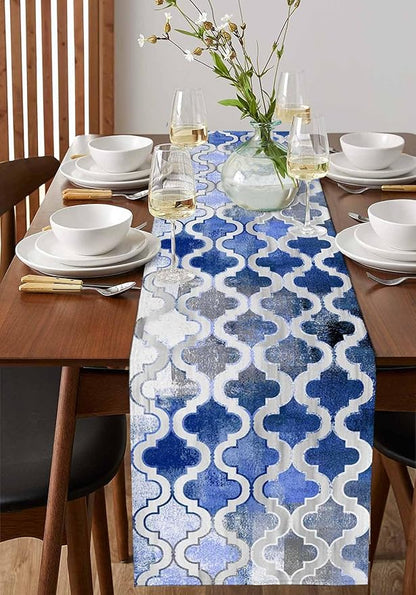 Blue Morocco Plaid Cotton Linen Table Runner for Dining Kitchen, Wedding Outdoor Party Tablerunners Decoration, Distressed Abstract Painted Vintage Dresser Scarf Coffee Tablecloth Runners 13x48 Inches