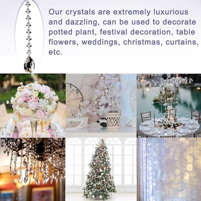 Fushing 10Pcs 1ft Teardrop Crystal Strands, Hanging Beads Chain Garland, Chandelier Pendants Parts Glass Beads (50mm, Clear)