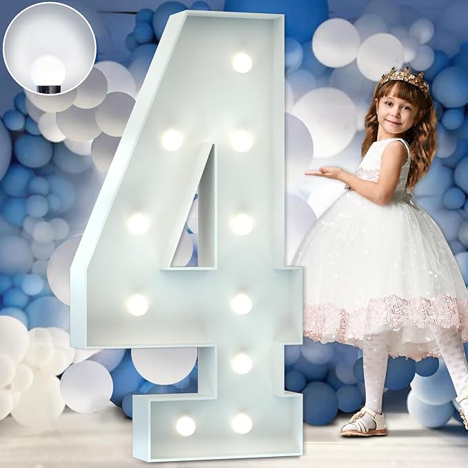 Marquee Numbers 4 Feet Tall Big Light Up Numbers 4 Year Old 14th 40th Birthday Decorations Girl Boy Women Men White Anniversary Party Decor Large Cardboard Prop Backdrop Sign 4