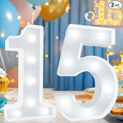 Pooqla 15th Birthday Decoration for Girls Boys, Decorative LED Light Up Numbers, Marquee Numbers 15 Sign for Party Backdrop 15th Wedding Anniversary Decor, Warm White and Cool White Number 15