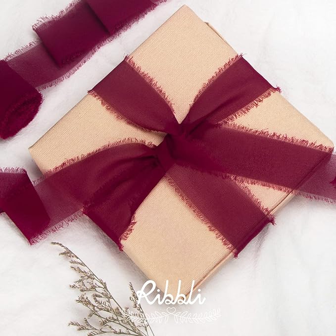 Ribbli Burgundy Chiffon Silk Ribbon, 1.5 inch x 30 Yard, Handmade, Fringe, Wedding Invitations, Gift Wrapping, Bridal Bouquets, Flower Arrangement