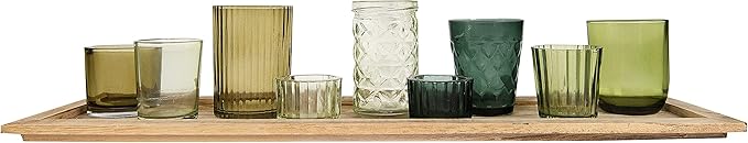 Creative Co-Op Wood Tray with 9 Green Glass Votive Holders