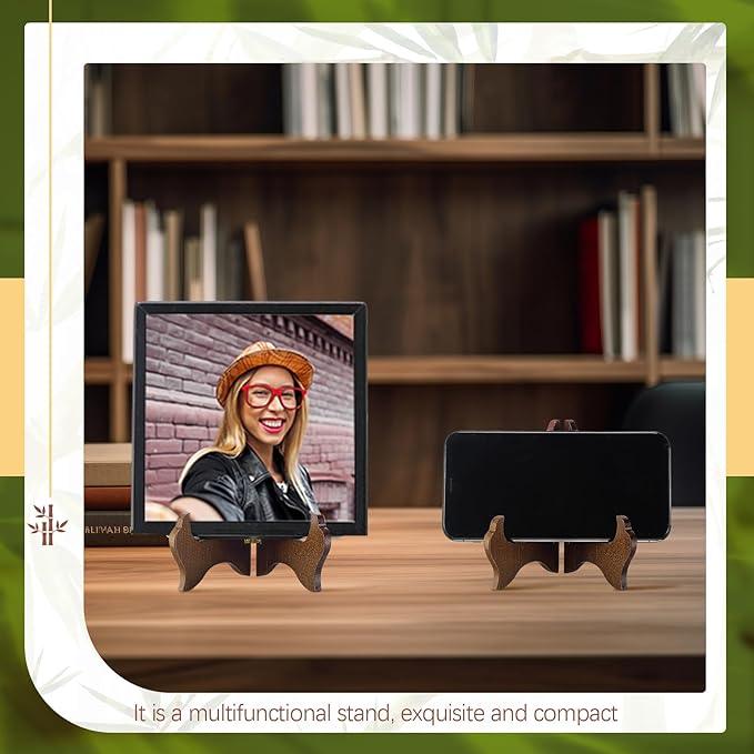 Tatuo 4 Packs Wooden Display Stand Decorative Plate Stands for Display Picture Frame Holder Easels (Brown,5 Inch)