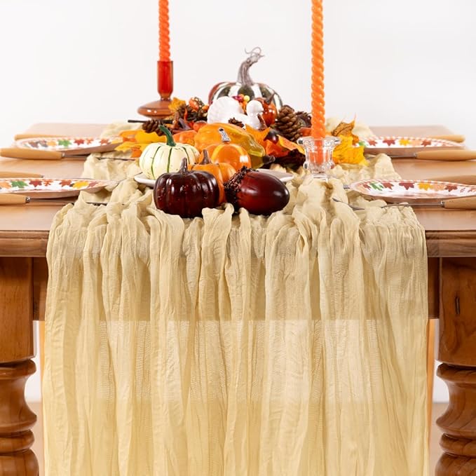 Champagne Gold Cheesecloth Table Runner 4 Pack Fall Table Runners Boho Gauze 120 Inches Champagne Cheese Cloth Fall Table Decorations for Thanksgiving Wedding Bridal Baby Shower Parties