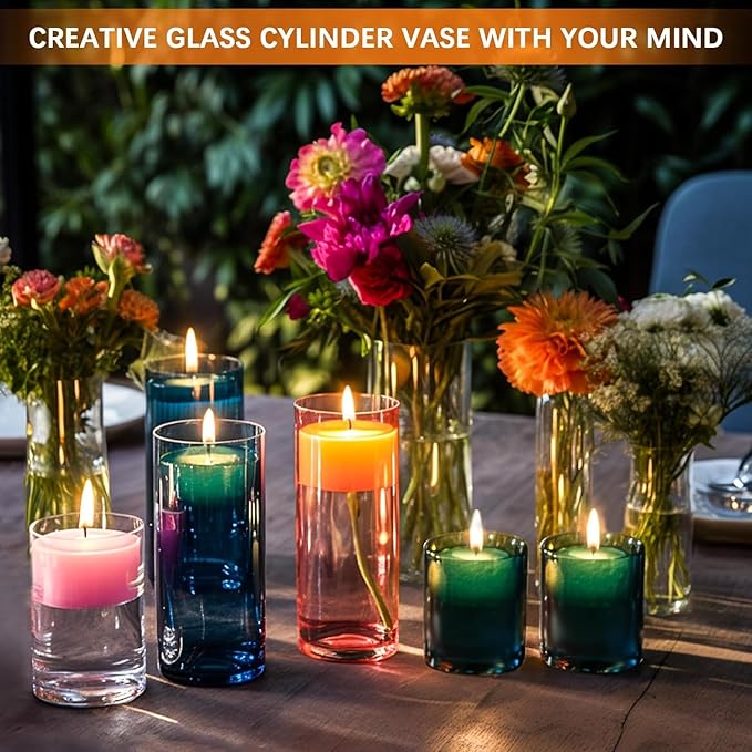 48 Pack Thick Glass Cylinder Vases 4,6,9,12 Inch Tall Clear Flower Vase Hurricane Floating Candle Holder for Table Centerpiece Wedding Home Decor