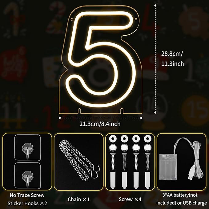 Number 5 LED Neon Sign Backdrop Birthday Party Decoration, 11.3" Height Warm White Marquee Number Five Light Up Sign for Wedding Anniversary Window Wall Table, Indoor Battery Operated or USB
