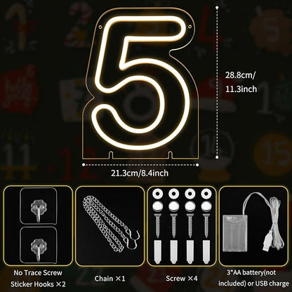 Number 5 LED Neon Sign Backdrop Birthday Party Decoration, 11.3" Height Warm White Marquee Number Five Light Up Sign for Wedding Anniversary Window Wall Table, Indoor Battery Operated or USB