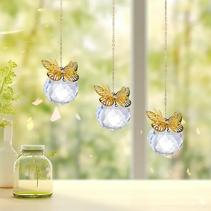Crystal Suncatchers Gold Butterfly 40mm Crystal Prisms Ball Rainbow Maker with Chain for Window Hanging Decoratioin 3 Pack