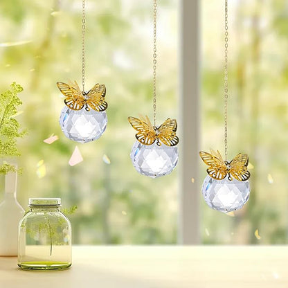 Crystal Suncatchers Gold Butterfly 40mm Crystal Prisms Ball Rainbow Maker with Chain for Window Hanging Decoratioin 3 Pack