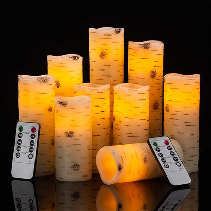 Flameless Flickering LED Candles with Birch Bark Effect - Set of 9 Battery-Operated Real Wax Pillar Candles with 10-Key Remote Control - 2/4/6/8 Hour Timer