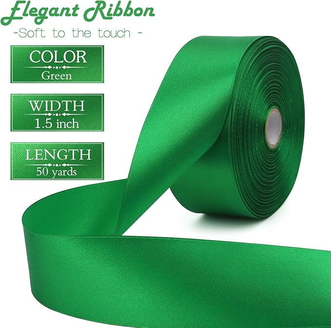 Green Solid Satin Ribbon 1-1/2 Inch 50 Yards Solid Polyester Fabric Ribbon for Gift Wrapping Wedding Christmas Baby Shower Birthday Party Decoration Handmade Immortal Flower Craft