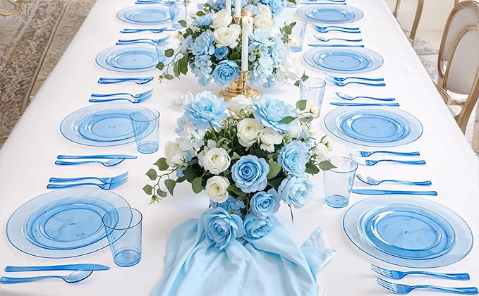 WDF 180 Pieces Blue Plastic Silverware Disposable - Clear Blue Cutlery Sets 60 Forks, 60 Knives and 60 Spoons - Heavy Duty Utensils for Party, Wedding, Graduation