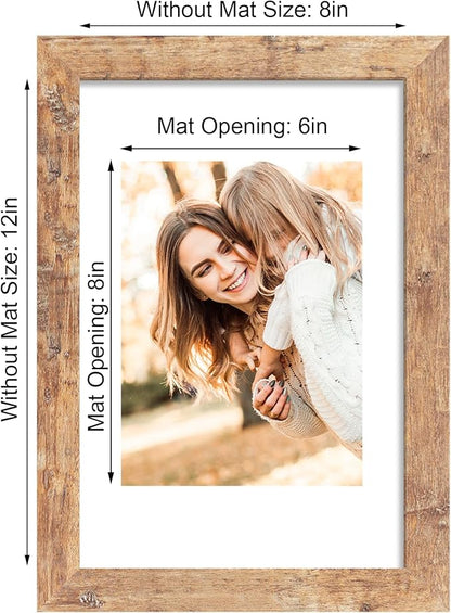 8x12 Picture Frame Set of 4 with High Definition Real Glass, Display 6x8 Pictures with Mat or 8 x 12 Without Mat, Rustic Brown Wood Photo Frames for Tabletop and Wall Mounting