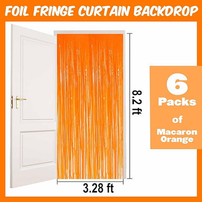 6 Pack Macaron Orange Foil Fringe Curtains Backdrop, 3.28 x 8.2 Ft Metallic Streamers Tinsel Curtains Background for Photo Booth, Birthday, Weddings, Carnivals, Graduation, Themed Party Decorations