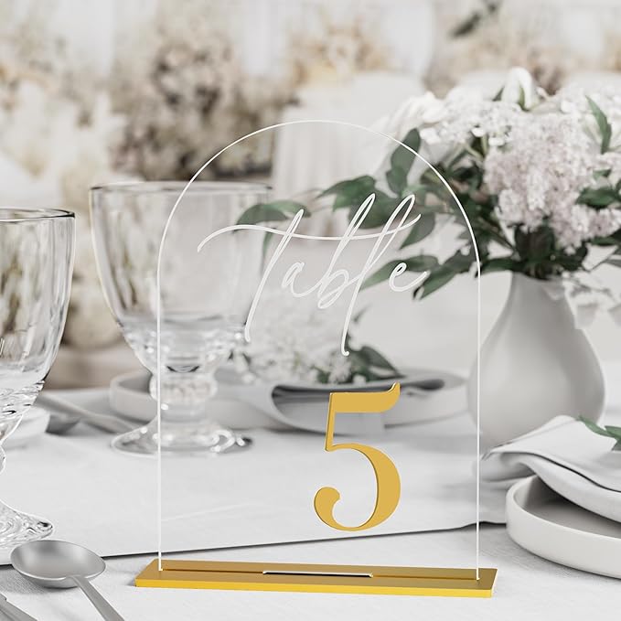 Arch Wedding Table Numbers 1-15 w/Stand, Gold 3D Table Numbers for Reception - 5.5" X 7" Elegant Acrylic Arch Sign with Holder, Perfect for Wedding, Anniversary, Banquet, and Event Decor
